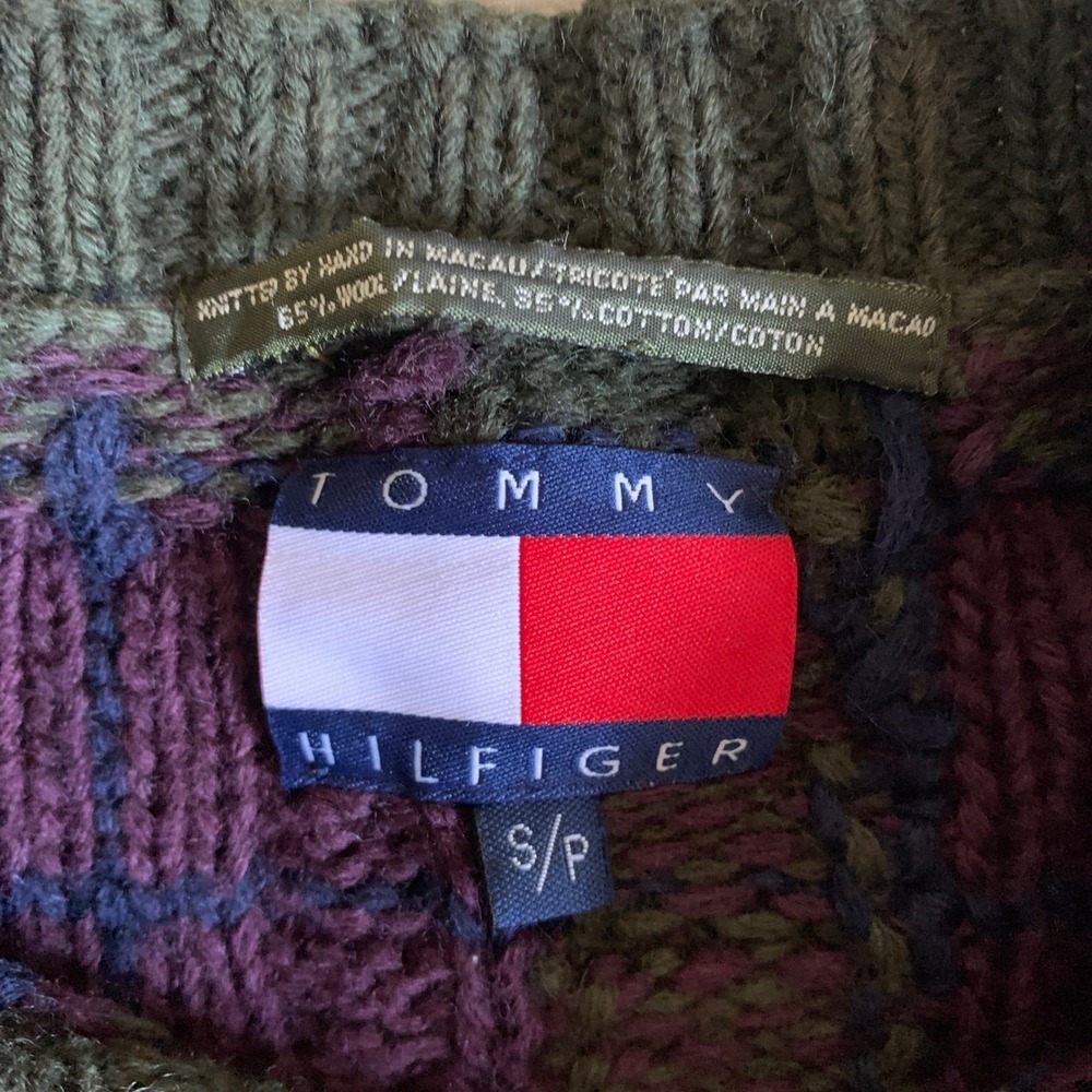 Tommy Hilfiger Vintage‎ Hand Knitted Wool Blend Plaid Cable Knit Sweater Mens S - Picture 7 of 8